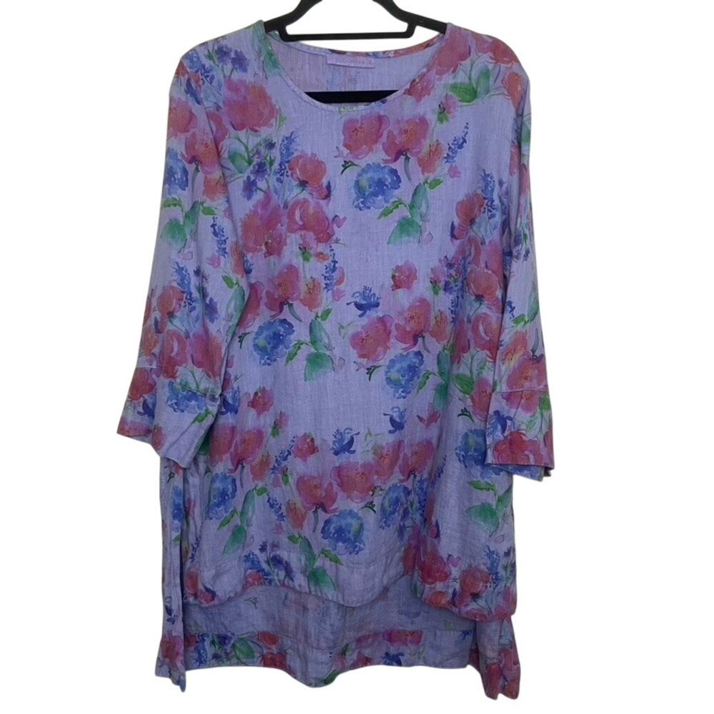 Cut Loose Tunic Top Size M 100% Linen Floral Purple 3/4 Sleeves Side Slits Long